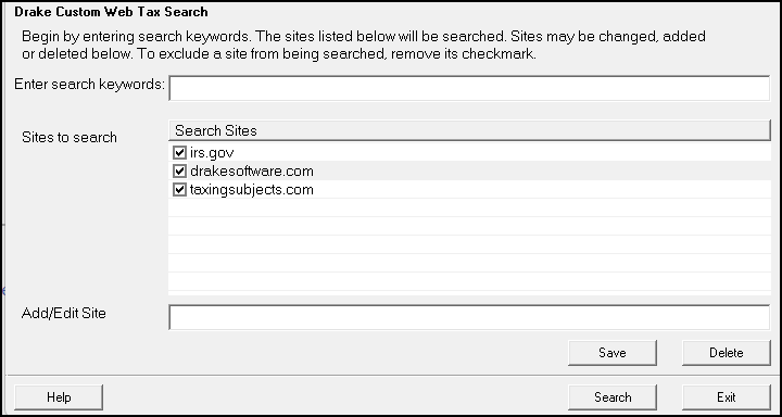 Image of "Drake Custom Web tax Search" window